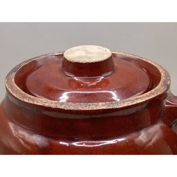 Antique Small Bean Pot Single Handle Stoneware Crock Brown Cream USA Crockery - Picture 14 of 15